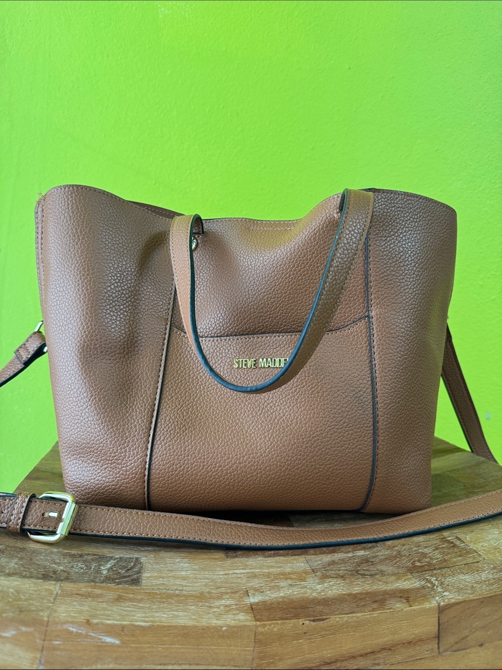 Steve Madden Tan Pebbled Leather Tote with Gold Logo